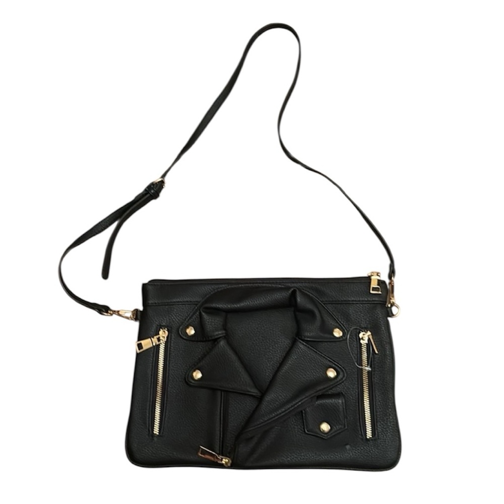 Le Miel Black Moto Jacket Design Vegan Leather Crossbody Bag Purse NWOT
